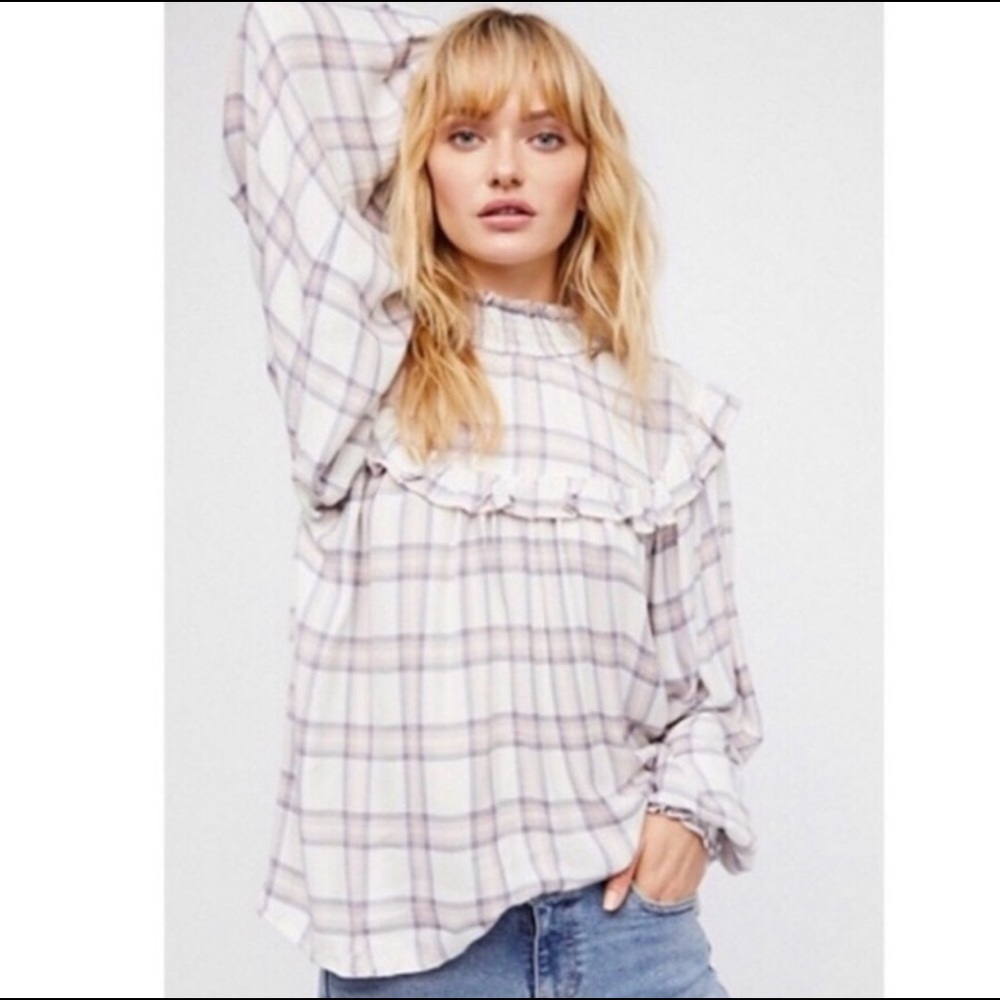 Free People Charlie Ruffle Mockneck Plaid Top